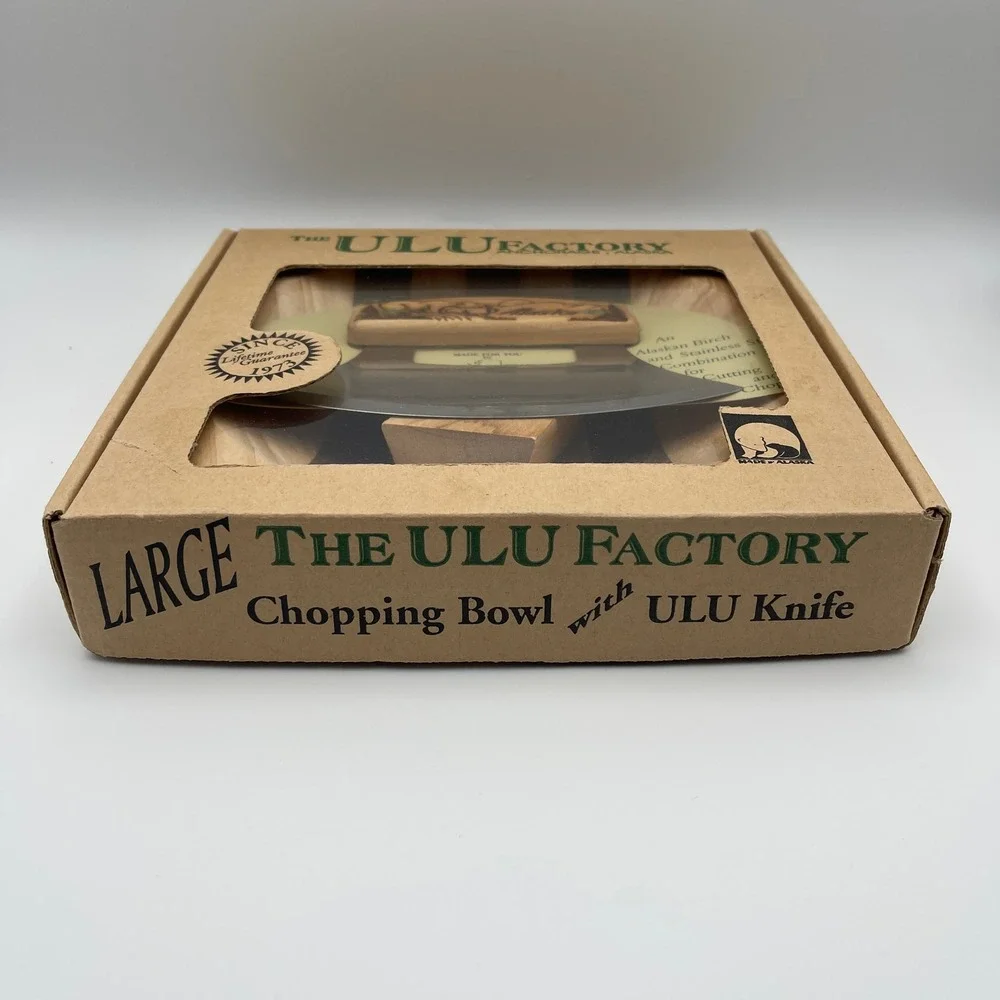The Ulu Factory Brown Chopping Bowl with Ulu Knife Birch Walnut Set